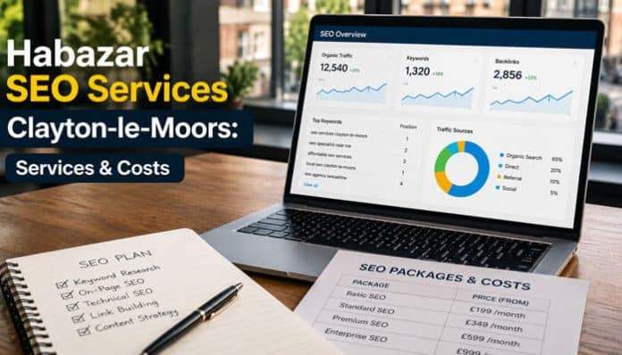 Habazar SEO Services Clayton-le-Moors pricing and analytics displayed on a laptop beside SEO notes and service documents.