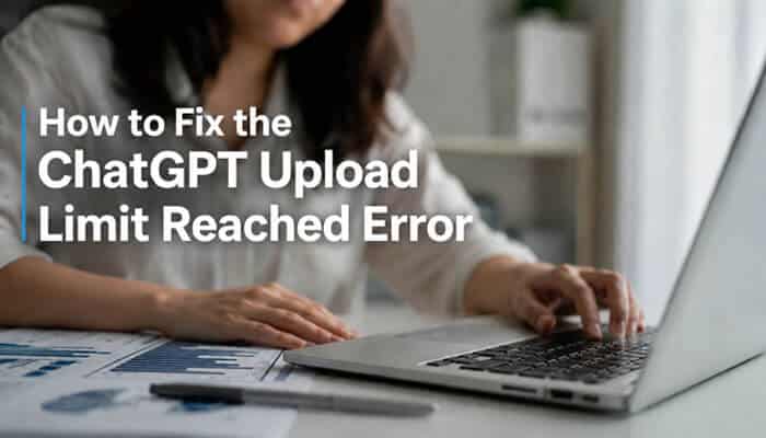 How to Fix the ChatGPT Upload Limit Reached Error - Startup Editor | Startup Editor How to fix ChatGPT File Upload Limit reached error with a user uploading documents on a laptop, showing solutions for managing file restrictions and upload limits.