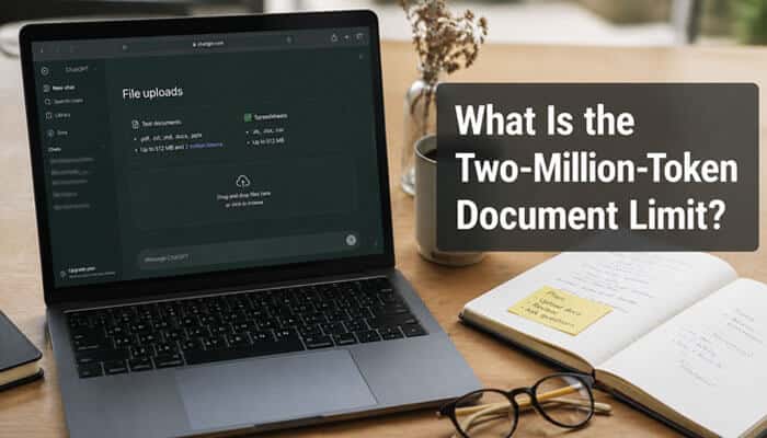 What Is the Two-Million-Token Document Limit? - Startup Editor | Startup Editor ChatGPT File Upload Limit explained with a laptop displaying file uploads and document analysis, highlighting the two-million-token document limit and large file processing capabilities.