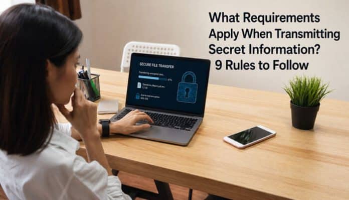 What Requirements Apply When Transmitting Secret Information—employee using an encrypted laptop system to securely transfer classified digital files.