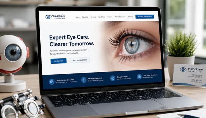 15 Ideas to Convert More Patients in 2026 - Startupeditor | Startup Editor Ophthalmology website design displayed on a laptop beside an eye model in a modern eye care clinic.