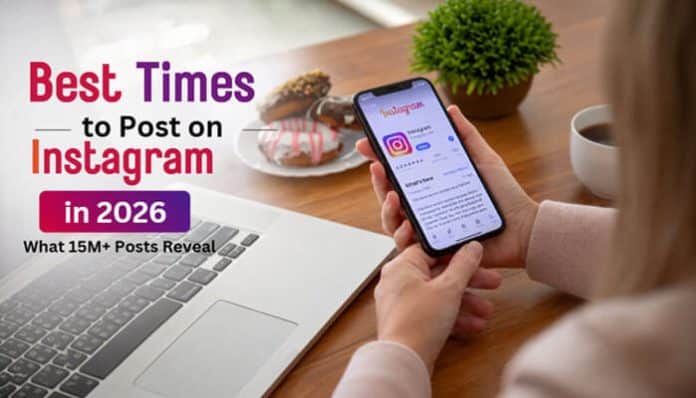 Best Times to Post on Instagram in 2026 displayed beside a creator using Instagram on a smartphone near a laptop and workspace.