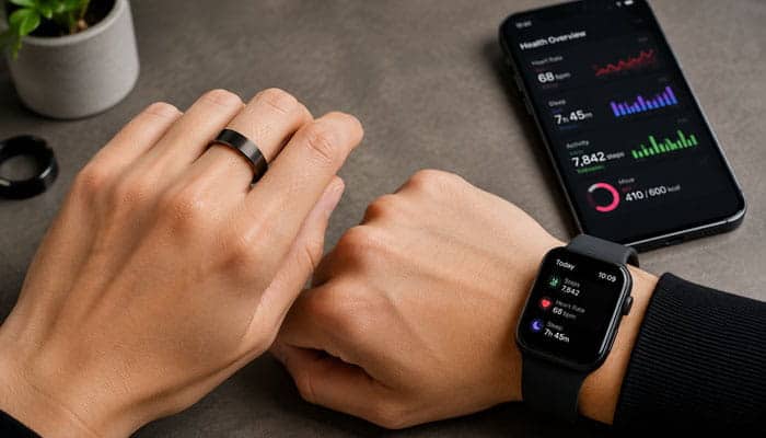 Are Smart Rings Better Than Smartwatches - Startupeditor | Startup Editor Wearable Upgrade FeedWorldTech with smart ring, smartwatch, and smartphone health tracking dashboard.