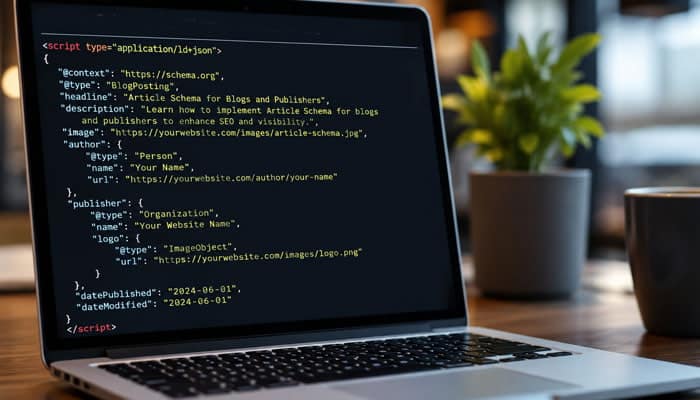Article Schema for Blogs and Publishers - Startupeditor | Startup Editor How to boost SEO using schema using Article schema JSON-LD code displayed on a laptop screen.