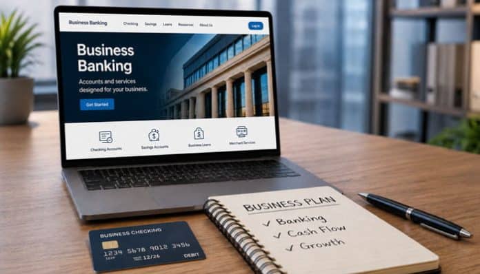 Best business bank accounts for LLC shown with a business banking laptop, debit card, and financial planning notebook