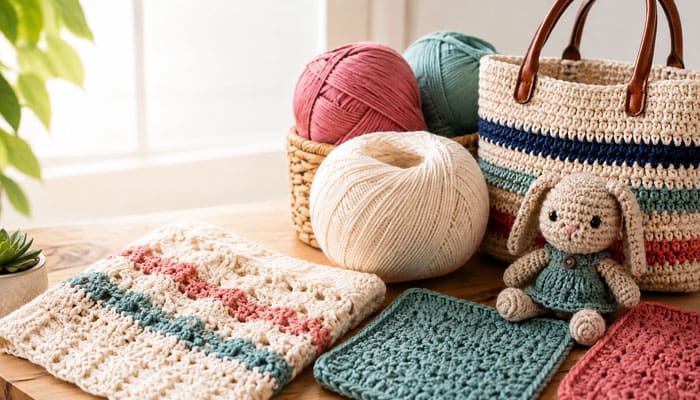 Best Projects for Lion Brand - Startupeditor | Startup Editor Lion Brand 24/7 Cotton Yarn project ideas with crochet bag, bunny, swatches, and yarn balls.