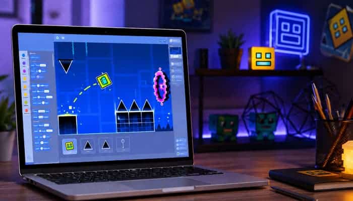 Best Way to Start Geometry Dash Scratch - Startupeditor | Startup Editor Geometry Dash Scratch level being created on a laptop with coding blocks, spikes, portal, and custom game elements.