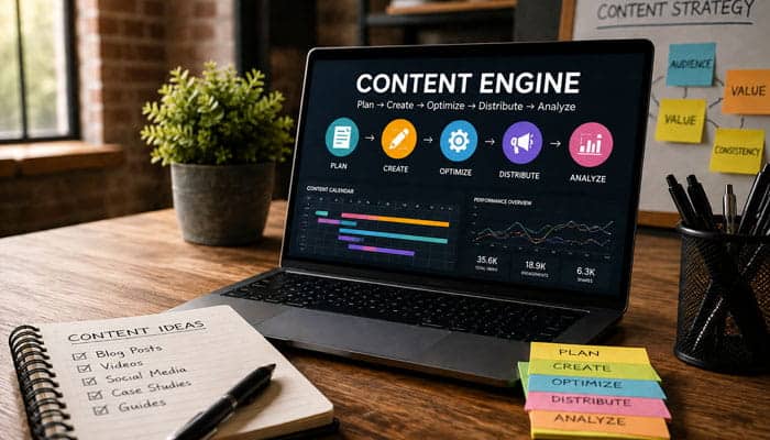 Build a Content Engine - Startupeditor | Startup Editor Digital Marketing Android App SEO Website Development content strategy dashboard showing planning, creation, optimization, distribution, and analytics.