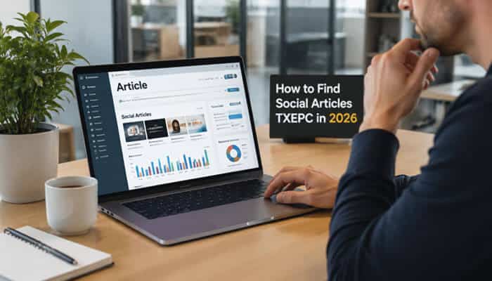 How to Find Social Articles TXEPC in 2026 - Startup Editor | Startup Editor Social Articles TXEPC content dashboard on a laptop showing social articles and analytics while a user researches how to find relevant TXEPC content.