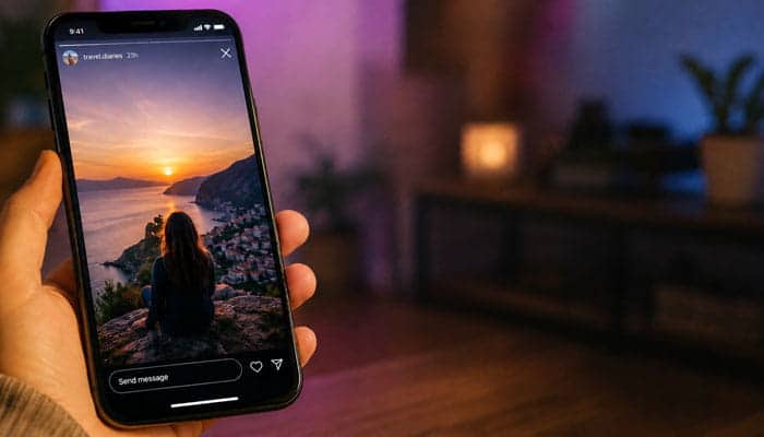 Can You Download Instagram Stories With MollyGram - Startupeditor | Startup Editor MollyGram Instagram Story viewer displaying a public Story on a smartphone.