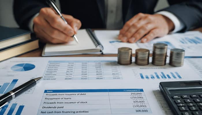 Cash Flow From Financing Activities - Startupeditor | Startup Editor What Is a Cash Flow Statement financing activities example with business documents, calculator, charts, and stacks of coins.