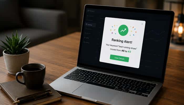 Create Ranking Alerts Instead of Constant Checking - Startupeditor | Startup Editor Ranking alert on a laptop showing an SEO keyword moving from position 48 to position 3.
