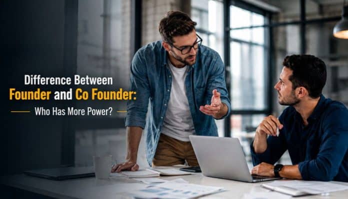 Difference Between Founder and Co Founder shown through two startup leaders discussing business decisions in a modern office.