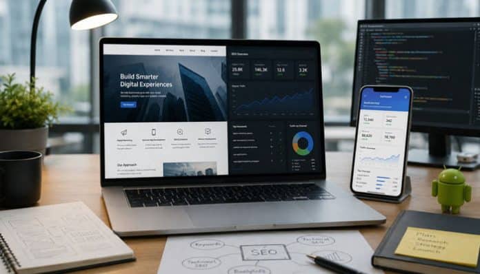 Digital Marketing Android App SEO Website Development dashboard displayed on a laptop with smartphone and SEO planning materials.