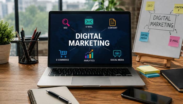 Digital Marketing - Startupeditor | Startup Editor Digital Marketing Android App SEO Website Development workspace with laptop showing SEO, email, ecommerce, analytics, and social media.