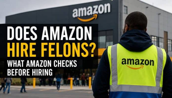 Does Amazon Hire Felons featured image showing an Amazon facility and warehouse employee.
