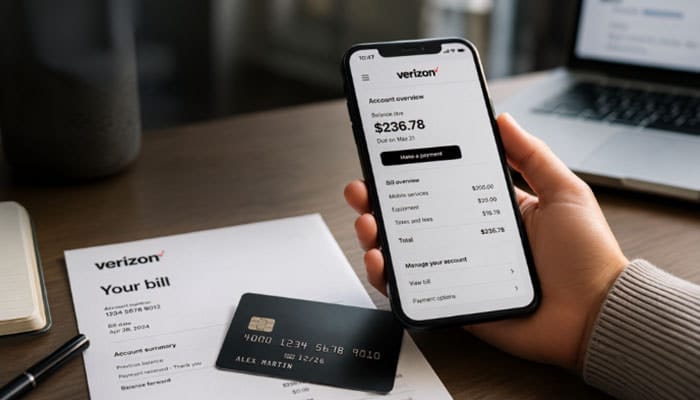 Does Verizon Accept Afterpay - Startupeditor | Startup Editor Verizon bill payment screen with smartphone and card for Can You Use Afterpay to Pay Verizon Bill guide