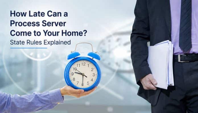 How Late Can a Process Server Come to Your Home explained with a process server, legal documents, and clock representing state-specific service times.