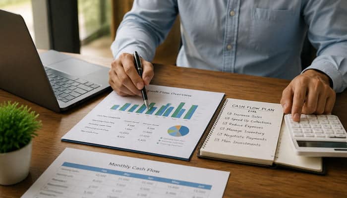 How Can a Business Improve Cash Flow - Startupeditor | Startup Editor What Is a Cash Flow Statement analysis with cash flow charts, monthly figures, business planning notes, laptop, and calculator.