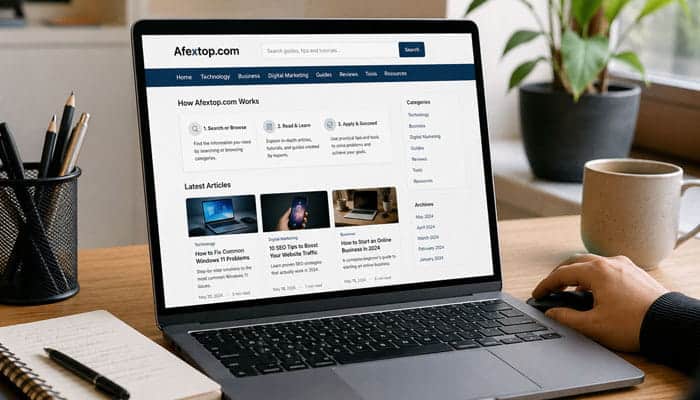 How Does Afextop - Startupeditor | Startup Editor Afextop.com informational website open on a laptop showing articles, categories, search, and archives