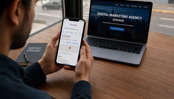 How Local Search Behavior Is Changing - Satrtupeditor | Startup Editor Marketer using Google search and a laptop for a Chicago Digital Content Marketing Strategy.