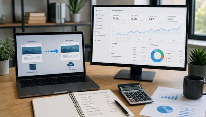 How much does it cost to migrate a website shown with website transfer, analytics dashboard, calculator, and migration budget planning.