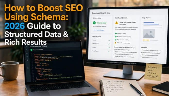 How to boost SEO using schema with structured data code, SEO dashboard, laptop, and desktop monitor.