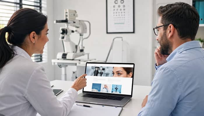 How to Choose an Ophthalmology Website Design Company - Startupeditor | Startup Editor Ophthalmologist discussing ophthalmology website design with a patient while viewing an eye care website on a laptop.