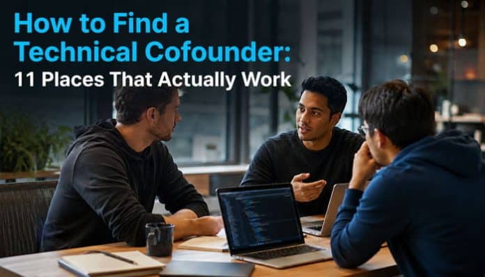 How to Find a Technical Cofounder with startup founders discussing ideas around a laptop