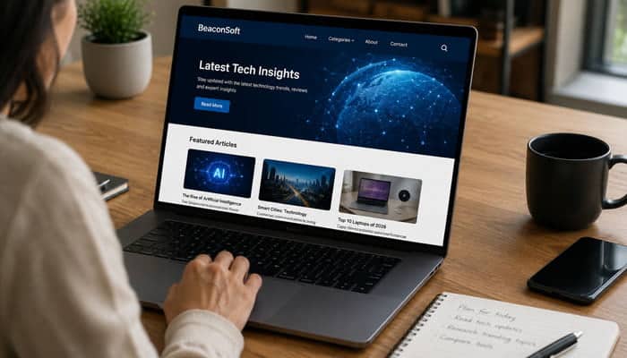 How to Get More Value From BeaconSoft Latest Tech Info - Startupeditor | Startup Editor Person browsing BeaconSoft Latest Tech Info on a laptop featuring AI, smart cities and technology articles.