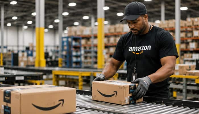 How to Improve Your Chances of Getting Hired at Amazon With a Felony - Startupeditor | Startup Editor Does Amazon Hire Felons warehouse jobs image showing a worker handling packages in a fulfillment center.