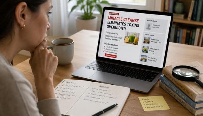 How to Recognize Weak Health Advice Online - Startupeditor | Startup Editor Woman reviewing online health claims and checking JalbiteHealth Guide information against evidence-based medical sources.