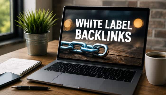How to Scale White Label Backlinks Without Losing Quality - Startupeditor | Startup Editor Laptop displaying White Label Backlinks with a chain-link graphic representing SEO link-building services.