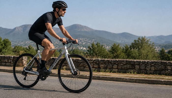 Is the Cannondale Quick 3 Good for Experienced Cyclists - Startupeditor | Startup Editor Cyclist riding a Cannondale Quick 3 hybrid bike on a paved road during a fitness ride.