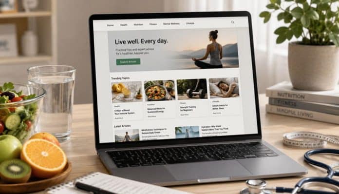 JalbiteHealth Guide wellness website displayed on a laptop with healthy food, water, fitness tools, and lifestyle items.