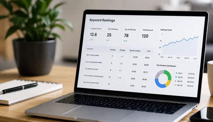 Keyword Ranking Actually Mean - Startupeditor | Startup Editor Laptop dashboard used to check rankings for multiple keywords with keyword positions, search volume, and ranking trends.