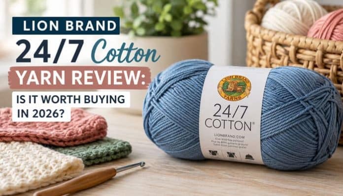 Lion Brand 24/7 Cotton Yarn skein with crochet swatches and hook for a 2026 yarn review.