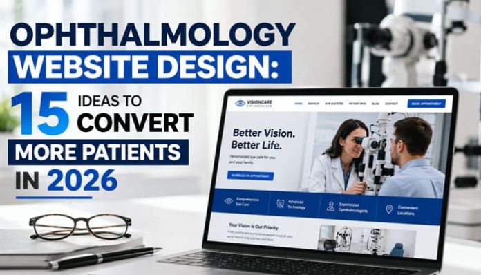 Ophthalmology website design featured image showing a modern eye care website on a laptop with 15 patient conversion ideas for 2026