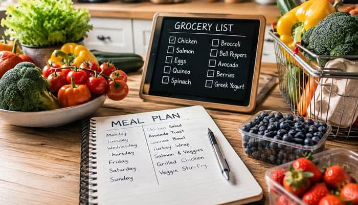 Plan Meals Before You Shop - Startupeditor | Startup Editor What are smart ways to save money on groceries? Meal plan and grocery list with fresh vegetables and fruit