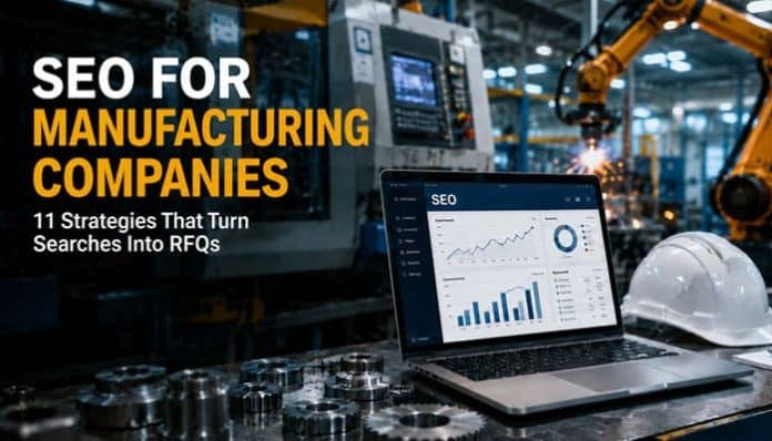 SEO for manufacturing companies with factory machinery, SEO analytics laptop, and industrial equipment.