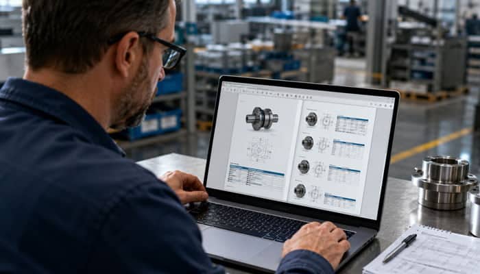 Should Manufacturers Keep PDF Catalogs - Startupeditor | Startup Editor Engineer reviewing CAD drawings on a laptop as part of SEO for manufacturing companies.