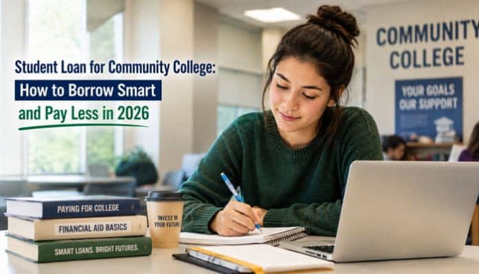 Student researching a Student Loan for Community College while studying with a laptop and financial aid books.