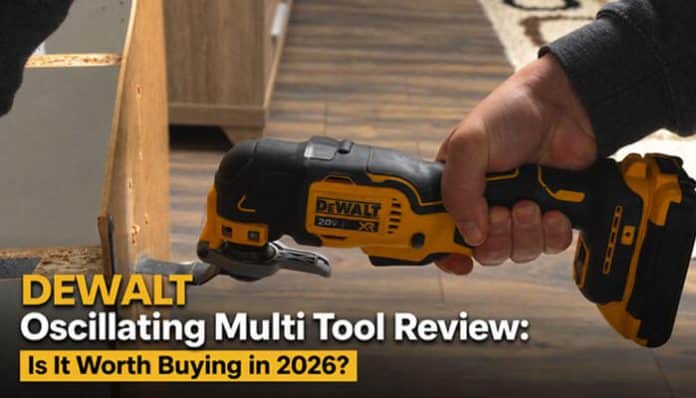 DEWALT Oscillating Multi Tool Review showing the DCS356 cordless multi-tool making a precision flush cut, highlighting brushless performance, Quick-Change blade system, and 20V MAX power for DIY and professional remodeling in 2026.