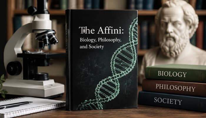 The Affini: Biology, Philosophy, and Society - Startup Editor | Startup Editor Human Domestication Guide Explained concept showing an Affini biology and philosophy book beside a microscope, DNA imagery, and academic research materials.