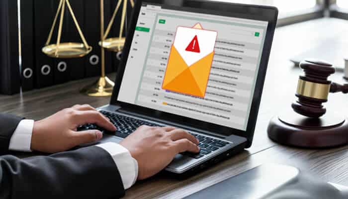 Can Court Papers Be Served by Email, Text, or Social Media? - Startup Editor | Startup Editor How Late Can a Process Server Come to Your Home illustrated by a legal professional reviewing electronic court correspondence beside a gavel and scales of justice.