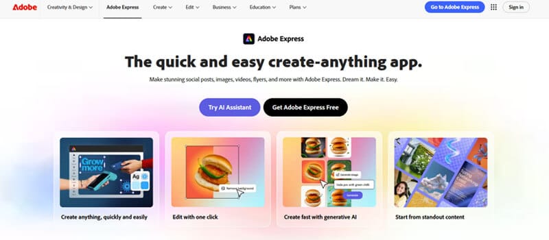 Adobe Express — Best for Professional Marketing Content - Startup Editor | Startup Editor Best Branding Tools for Startups showcasing Adobe Express for creating branded social posts, images, videos, flyers, and AI-assisted marketing content.