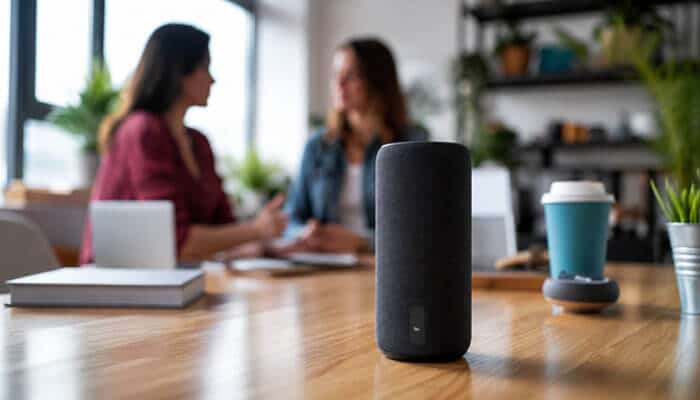 Amazon Alexa Business vs Amazon Business Assistant - Startup Editor | Startup Editor Amazon Alexa Business smart speaker in a modern workplace, representing voice technology, connected devices, and business automation.