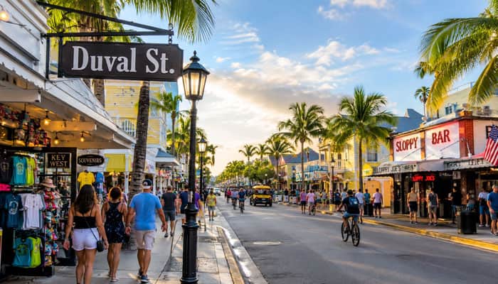 Walk Duval Street - Startupeditor | Startup Editor Duval Street with palm trees, shops and visitors exploring things to do in Key West