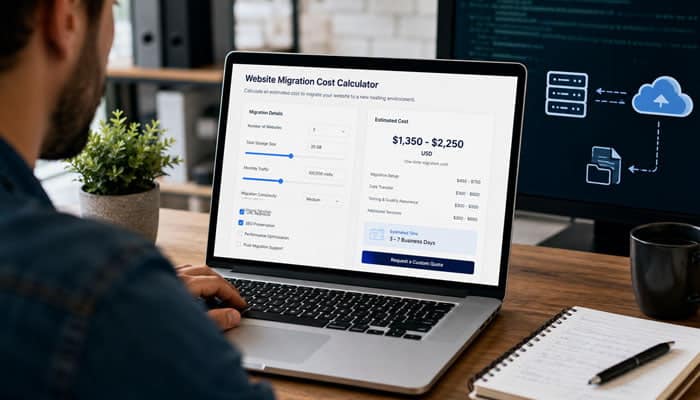 Website Migration Cost Calculator - Startupeditor | Startup Editor How much does it cost to migrate a website displayed through a website migration cost calculator with hosting, SEO, and data transfer estimates.