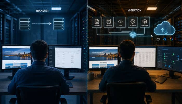 Website Migration vs Website Transfer - Startupeditor | Startup Editor How much does it cost to migrate a website Server transfer versus full migration showing content, database, code, settings, platform, and cloud processes.